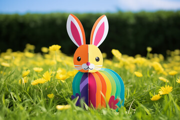 Small papercut rainbow toy rabbit sitting on the green lawn on a summer day against the backdrop of the forest, copy space