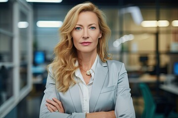 A beautiful business woman, the head of a large company, stands in the office with her arms crossed on her chest. Beautiful smiling, wealthy and self-confident, a high-level top manager. Generative AI