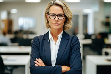 A beautiful business woman, the head of a large company, stands in the office with her arms crossed on her chest. Beautiful smiling, wealthy and self-confident, a high-level top manager. Generative AI - obrazy, fototapety, plakaty