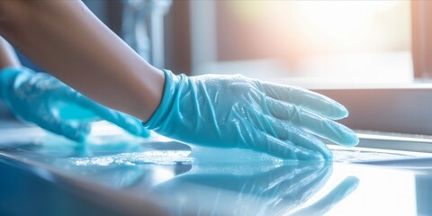 Meticulous Care: A Closeup of a Ladys Hands, Clad in Bright Blue Rubber Gloves, Engaged in Thorough Cleaning on the Counter