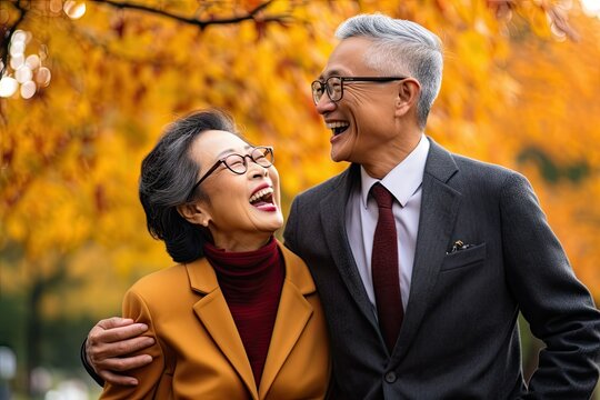 A happy couple of elderly people of asian race in autumn stylish clothes, smiling at each other, enjoying life in the autumn park. Generative AI Technology.