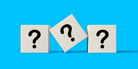 Three wooden blocks or cubes with question marks on blue background, 3D illustration
