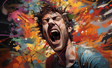 A man screaming with his mouth open and a lot of colorful splatters
