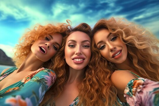 Three beautiful young girls take selfies on vacation