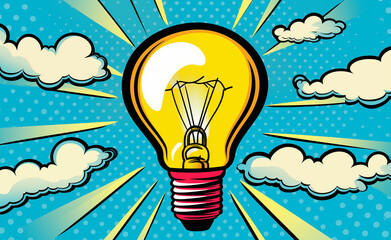Bulb with clouds pop art retro. Comic book style imitation.