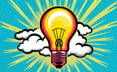 Bulb with clouds pop art retro. Comic book style imitation.