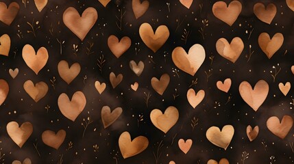 Seamless Background of painted Hearts in dark brown Watercolors. Romantic Wallpaper