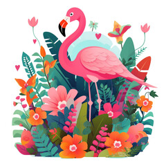 Vibrant Pink Flamingo Surrounded By Colorful Tropical Plants