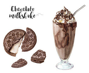 Watercolor illustration of chocolate milkshake cookies close up. Design template for packaging, menu, postcards.