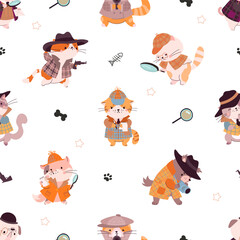 Animal detectives. Cute cartoon cats investigation, kitty wear costumes and looking evidence. Funny childish fabric print, nowaday vector background