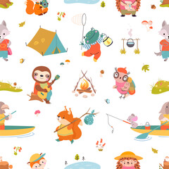 Travel animals seamless pattern. Funny forest animal, cute frog, fox and hedgehog. Childish fabric print graphic design, nowaday vector background