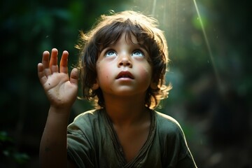 A boy of about 6 years old in the forest looks up, waves his hand looking at the light with rays above him