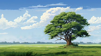 tree in a meadow, art illustration style, generative ai 