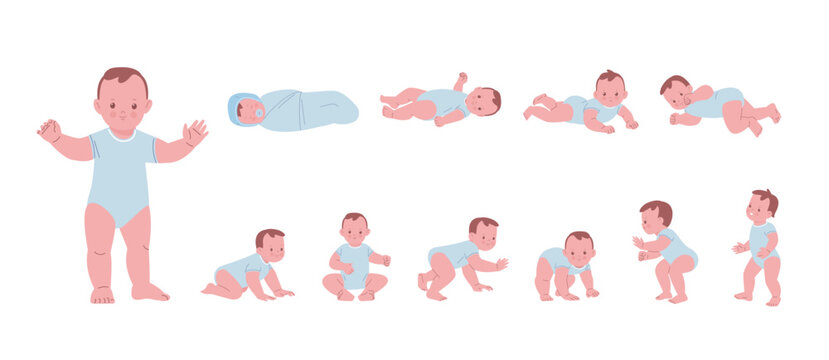 Baby growth process. Male toddler development step by step. Cartoon nursery character, newborn in first life year. Cute kid kicky vector scene