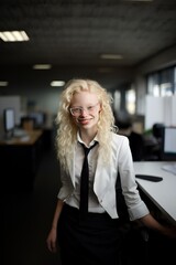 beautiful albino girl working in the office