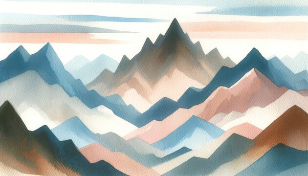 Watercolor artwork showcasing a detailed mountain landscape with layered peaks in shades of blue and pink, reflecting the beauty of dawn. High quality illustration.