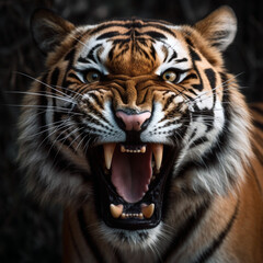 Fototapeta premium Portrait of a Bengal tiger, grin, big teeth. Realistic drawing. Beautiful wild animal.
