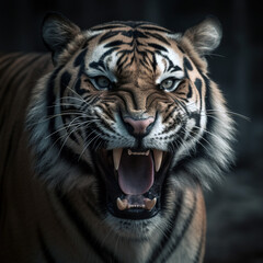 Fototapeta premium Portrait of a Bengal tiger, grin, big teeth. Realistic drawing. Beautiful wild animal.