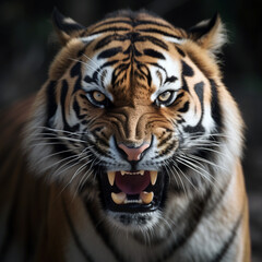Portrait of a Bengal tiger, grin, big teeth. Realistic drawing. Beautiful wild animal.