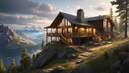A cabin perched on a mountainside, with breathtaking views, fresh mountain air, and the promise of outdoor adventures just steps away - AI Generative