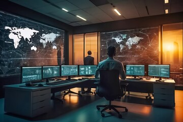 A Man Works in a Surveillance Center. Office For Cyber Security. NASA Office. Man at Work. Data Analysis, Network Security. - obrazy, fototapety, plakaty