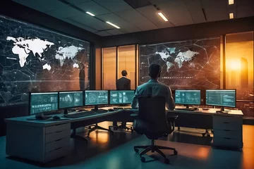 Tuinposter A Man Works in a Surveillance Center. Office For Cyber Security. NASA Office. Man at Work. Data Analysis, Network Security. © Radovan