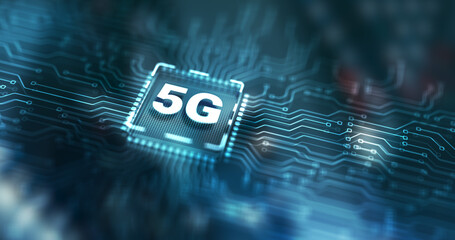 Digital 5G and Internet Telecommunication concept on circuit board