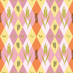 Pattern with retro flowers. Colored rhombuses with leaves. Vector. For packaging, textiles, clothing and decoration.