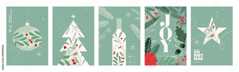 Wall mural set of christmas and new year greeting cards. vector illustration concepts for graphic and web desig