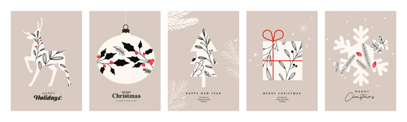 Merry Christmas and Happy New Year. Set of vector illustrations for background, greeting card, party invitation card, website banner, social media banner, marketing material. - obrazy, fototapety, plakaty