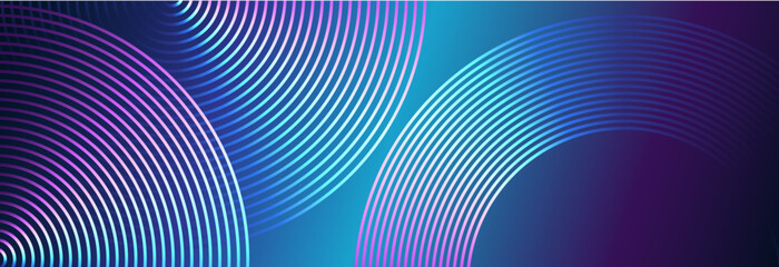 Abstract colorful blue green purple rounded lines glowing on dark blue background. Modern shiny geometric stripes circle lines. Futuristic digital, technology, modern concept. Vector illustration - obrazy, fototapety, plakaty