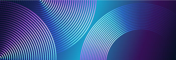 Fotobehang Abstract colorful blue green purple rounded lines glowing on dark blue background. Modern shiny geometric stripes circle lines. Futuristic digital, technology, modern concept. Vector illustration © Olga Tsikarishvili