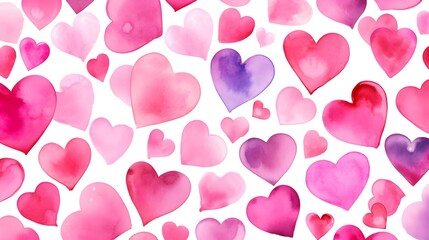 Seamless Background of painted Hearts in hot pink Watercolors. Romantic Wallpaper