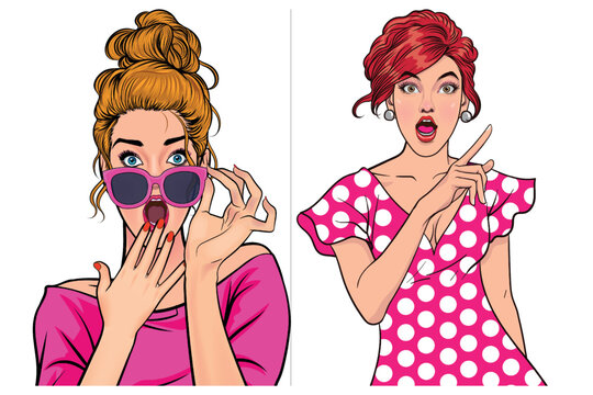 Set of beautiful girls comic pop art style with colorful fashion, hairstyle & open mouth holding sunglasses in her hand. Wow pop art face with sexy surprised expression. Vector illustration style V6 .