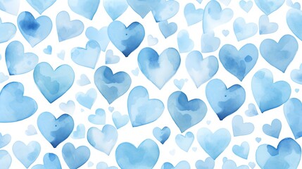 Seamless Background of painted Hearts in light blue Watercolors. Romantic Wallpaper