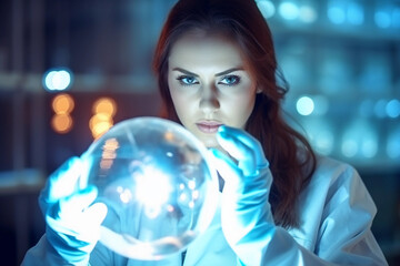 Naklejka premium Women Scientist Examining Soil Microorganisms on Nutrient Agar in Petri Dish Laboratory Research. Generative AI.