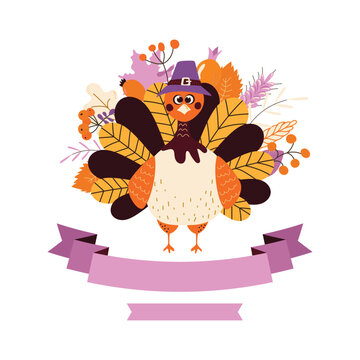 Thanksgiving turkey image funny cute. For greeting cards design. Vector illustration.