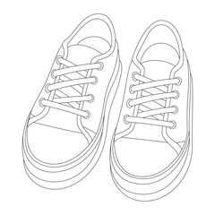 Shoes sneakers linear vector illustration. Fashionable concept of popular sports shoes with laces. Top view. Editable stroke