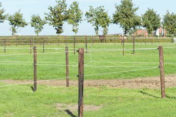 Low power electric wire for fencing horses and domestic animals in pastures and enclosures in open...