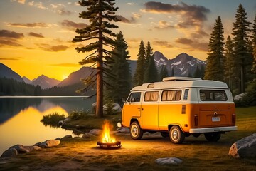 Vintage Camping Van Parked Beside a Great Mountain Lake and Tall Pine Tree.