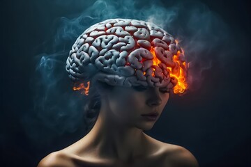 Woman's Brain Fighting Burning Thoughts and Anxiety. Positive and Negative Mental Attitude. Illustration of Stress Relief - obrazy, fototapety, plakaty