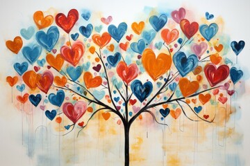 Watercolor hearts in the style of children's drawing, background. Valentine's day concept. Backdrop with copy space