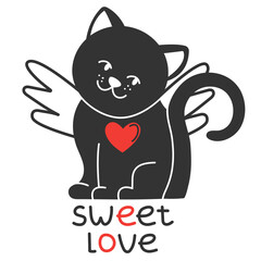 A black cat with angel wings. A big red heart in his chest. Vector image for postcards, stickers 