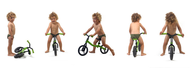 group of same  a boy in underpants playng a bicycle on a white background