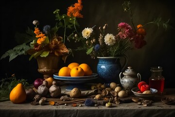 Wooden Table Full of Natural Remedies, Teas, Elixirs, and Life-Saving Plants. Traditional Medicine. Organic Fruits and Vegetables. Organic Food. Bio Food. Medicinal Plants.