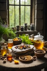 Wooden Table Full of Natural Remedies, Teas, Elixirs, and Life-Saving Plants. Traditional Medicine. Organic Fruits and Vegetables. Organic Food. Bio Food