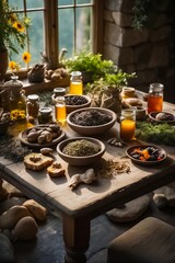 Obraz na płótnie Canvas Wooden Table Full of Natural Remedies, Teas, Elixirs, and Life-Saving Plants. Traditional Medicine. Organic Food. Bio Food