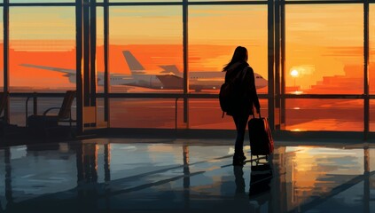 The Wanderlust Adventure Beckons: A Woman with a Suitcase Gazes Out of an Airport Window