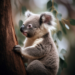 This realistic drawing of a young koala in profile climbing a small tree, a wild animal. Rare animal in the wild.