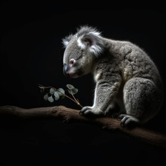 Naklejka premium This realistic drawing of a young koala in profile climbing a small tree, a wild animal. Rare animal in the wild.